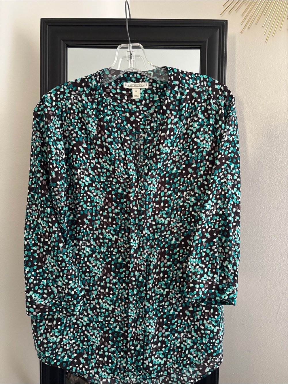 Dana Buchman Black V-Neck Blouse with Teal and White Dot Print with 3/4 Sleeves